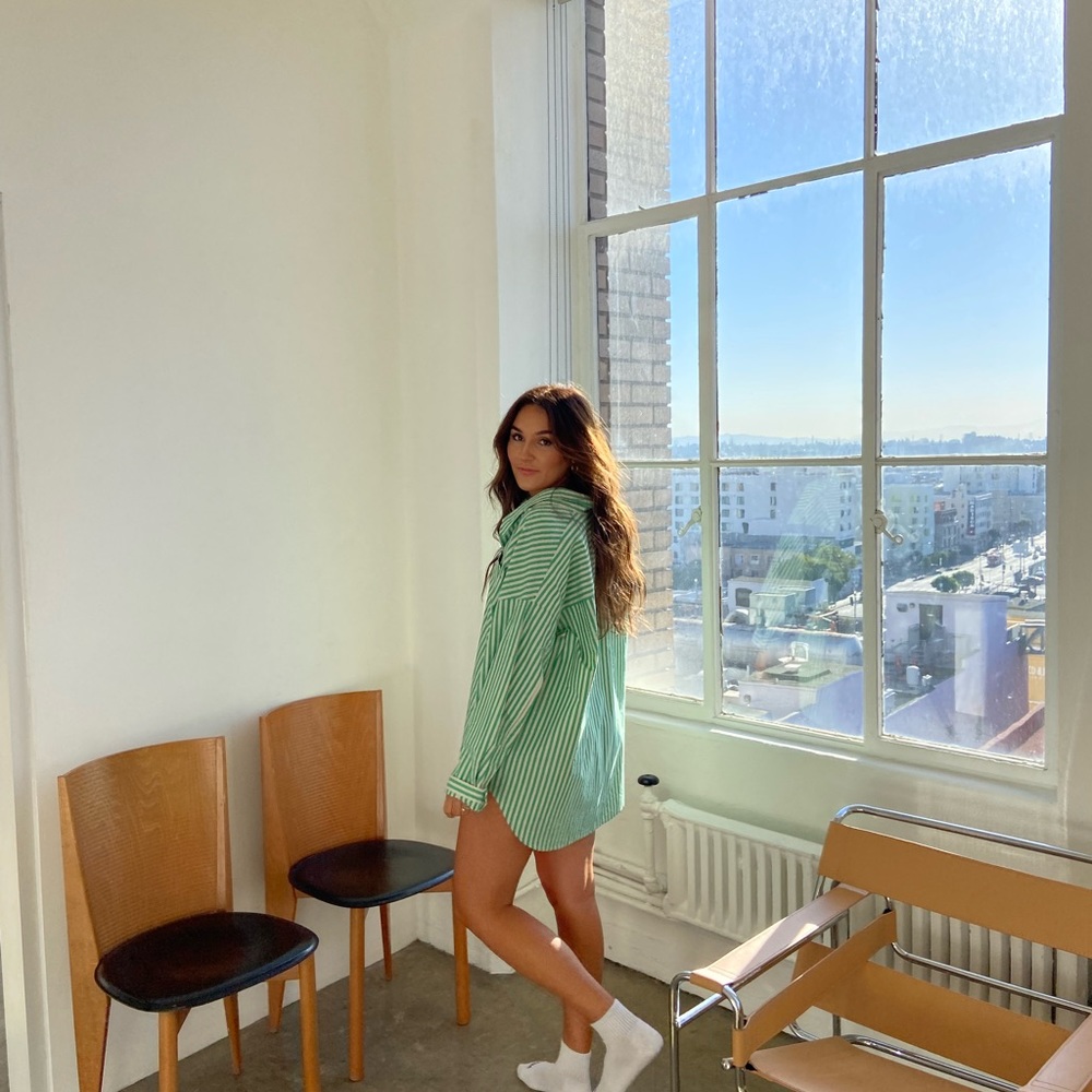 Wilfred Free (Aritzia) Green and White Stripped Button Up
